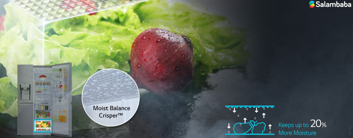 حفظ رطوبت میوه و سبزیجات با قابلیت Moist Balance Crisper در یخچال ساید بای ساید ال جی j247